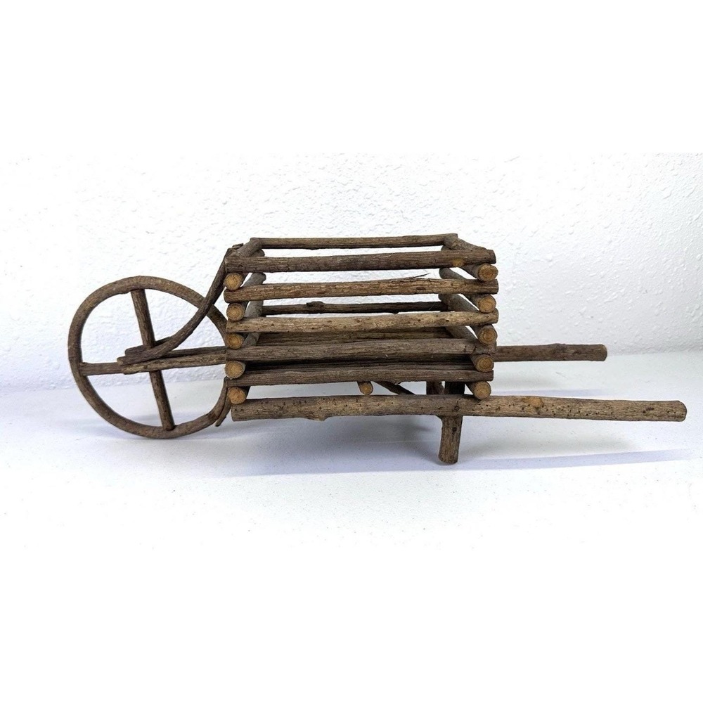 Vintage Handmade Twig Farm Cart Wagon Folk Art Rustic Cabin Decor 21" Long